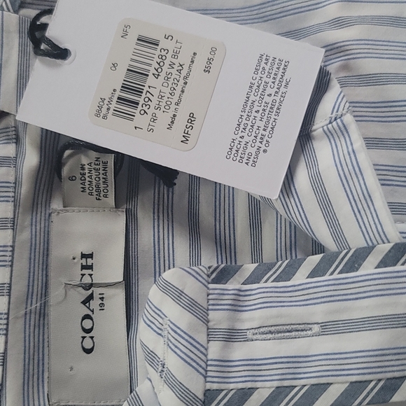 NWT Coach 1941 prairie Boho blue white striped shirt Dress ruffle SZ 8 - Picture 7 of 8